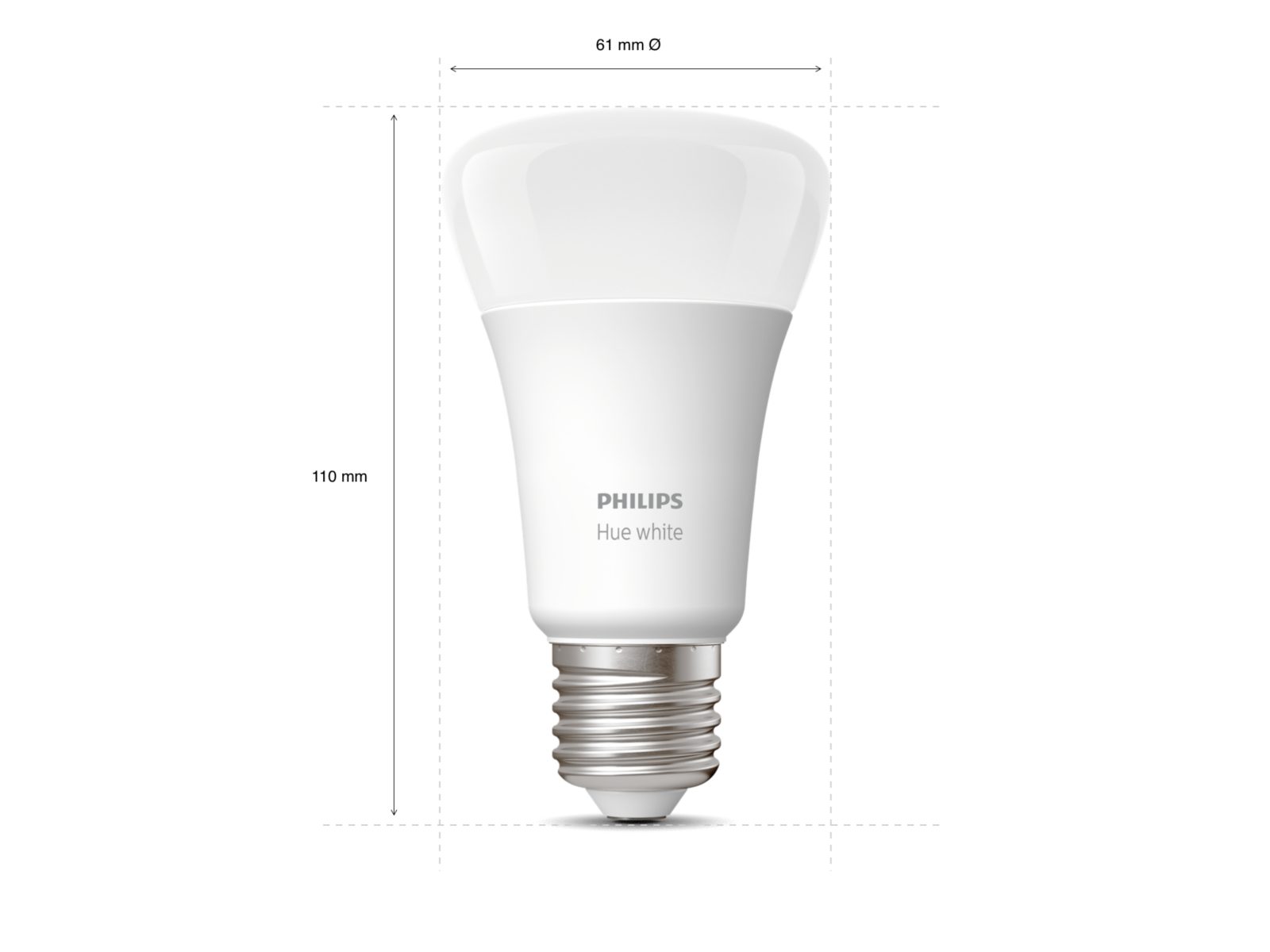 a philips hue smart light bulb with measurements for height and width