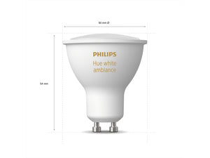 A Philips hue GU10 smart white ambient light bulb shown with dimensions for height and width