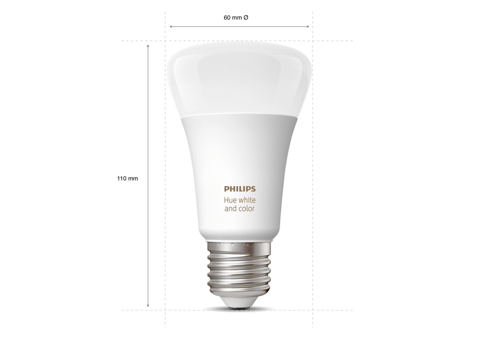 The philips hue E27 Smart Colour light bulb with dimensions shown for height and width 