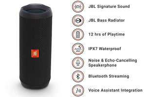 An image of the JBL flip 4 smart speaker alongside a list of features.  JBL Signature Sound, JBL Bass Radiator, 12 Hours of playtime, IPX7 Waterproof, Noise and Echo cancelling speaker, bluetooth streaming, voice assistant integration.