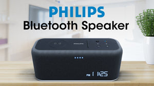 A Philips smart speaker with the text, Philips Bluetooth Speaker, at the top 