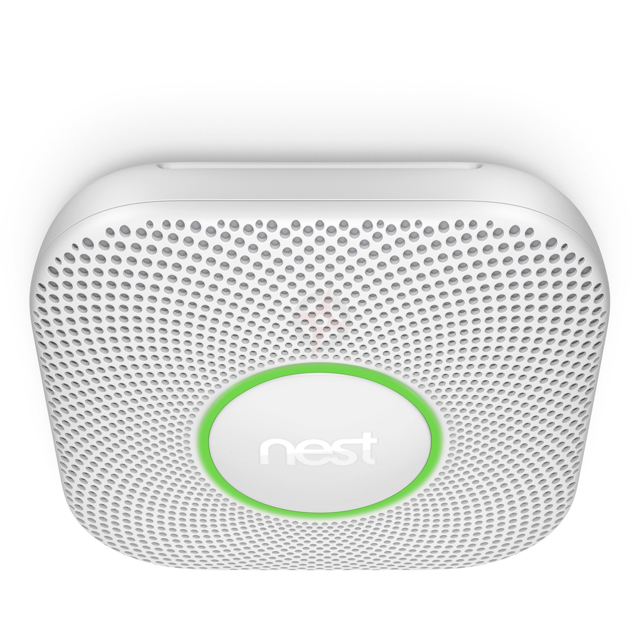 A google nest protect, 2nd generation, smart smoke and carbon monoxide detector showing a green light