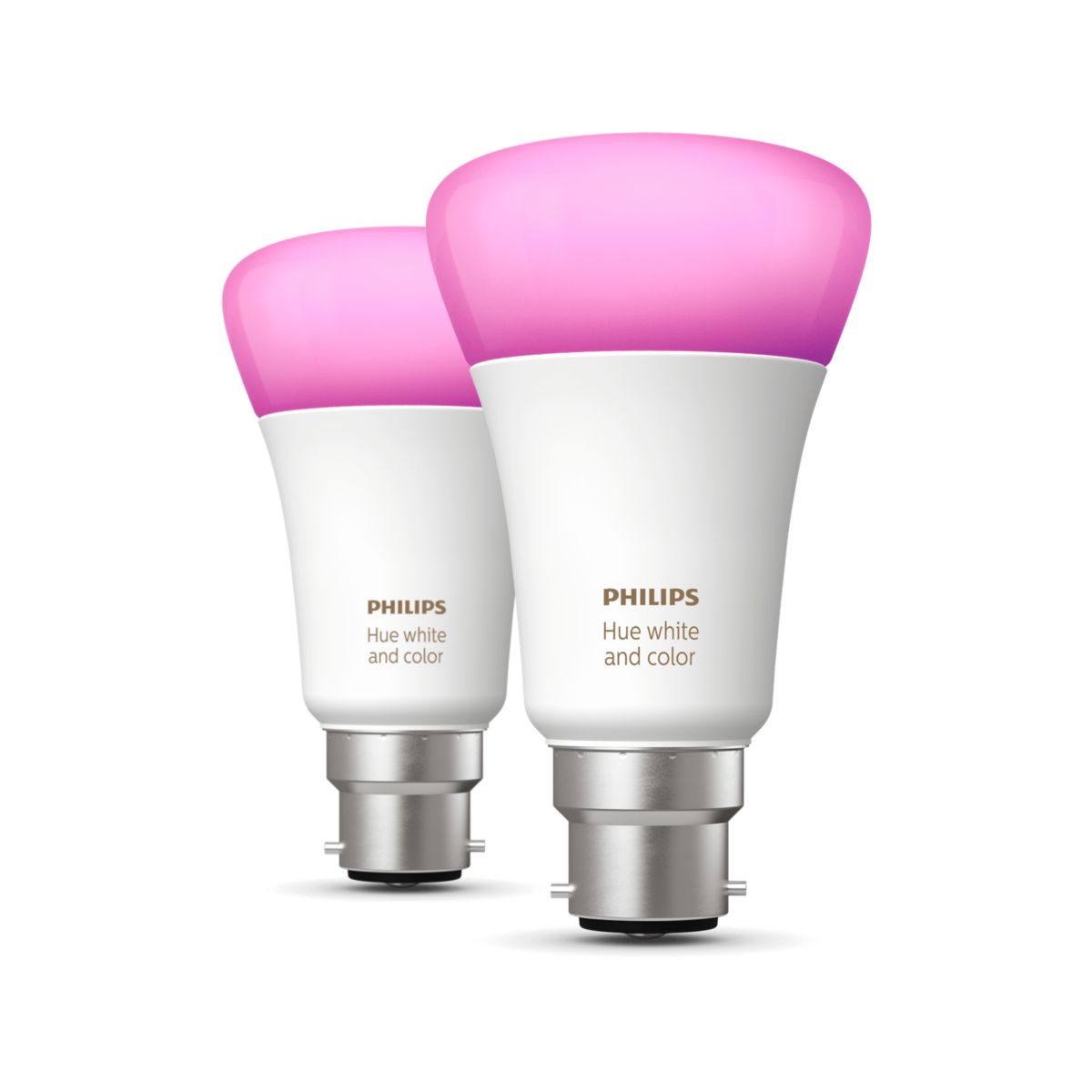 A pair of philips hue colour smart light bulbs with B22 fittings.  Shown with a pink light effect