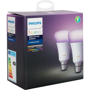 The packaging box for a twin pack of philips hue B22 colour smart light bulbs