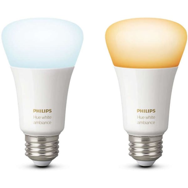 A pair of philips hue E27 white ambient smart light bulbs showing two types of white light.