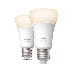 A pair of philips hue E27 white ambient smart light bulbs