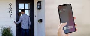 A person at the front door using the arlo wire free doorbell 